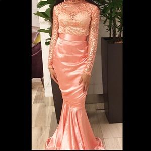 Custom made lace peach dress.